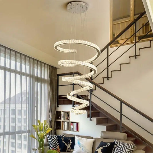 Duplex Villa Spiral Stair Long Crystal Chandelier Lighting Modern LED Chandelier Hotel Lobby Living Room Decoration Crystal Lamp