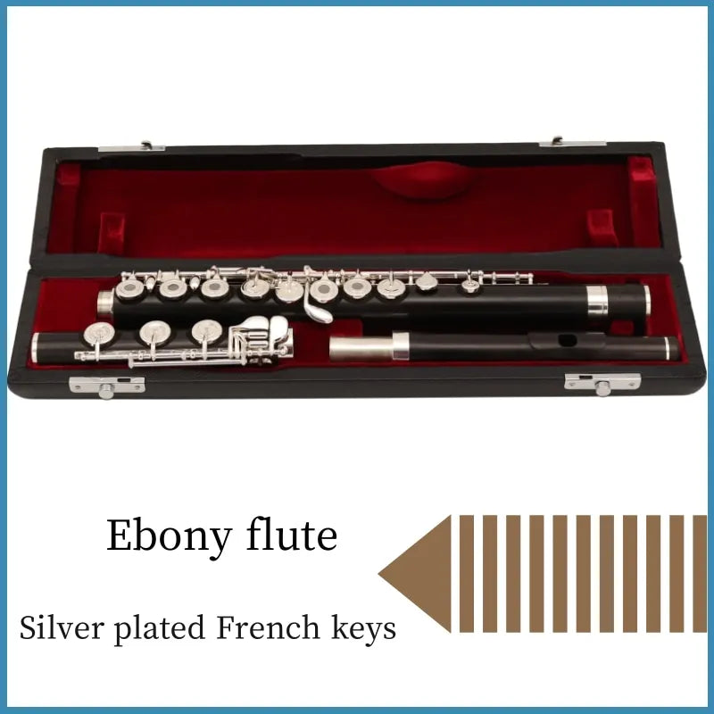 Ebony Flute Open Hole Silver Plated French Keys Grenadilla Wood Body w/ Case