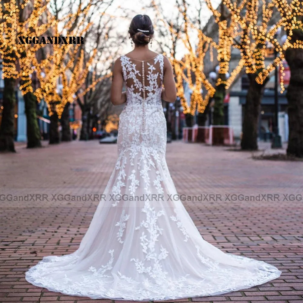 Elegant Mermaid Lace Wedding Dress 2023 V Neck Illusion Back Chapel Train Long Bridal Gown Woman Bride Formal Party Wear Pink