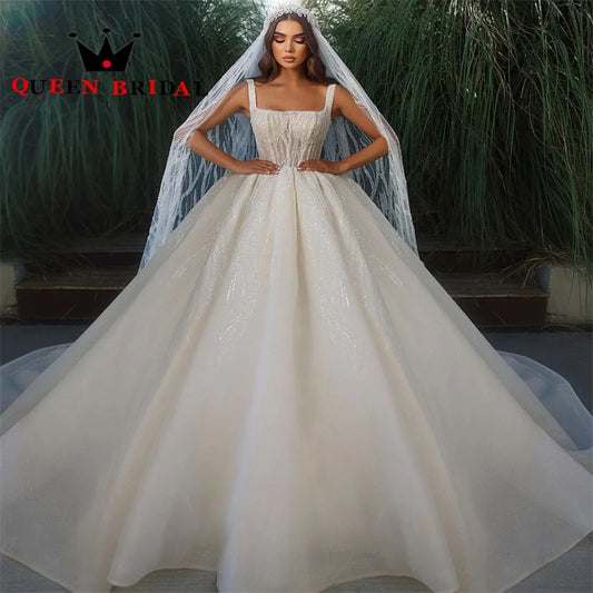 Elegant Square Collar Wedding Dress Beading Sequined Lace Floor-Length Sleeveless Bridal Ball Gown Vestidos De Novia Custom Y65X