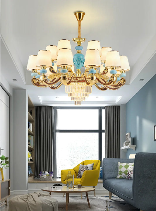 European Crystal Luxury LED Chandelier Lighting Zinc Alloy Living Room Household Hanging Lamp Ceramic Bedroom Villa New Fixtures