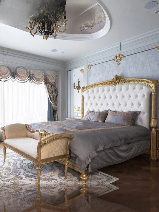 European Luxury Gold Foil Fabric Double Bed French Court Villa Solid Wood 1.8m Princess Wedding Bed Furniture Customization