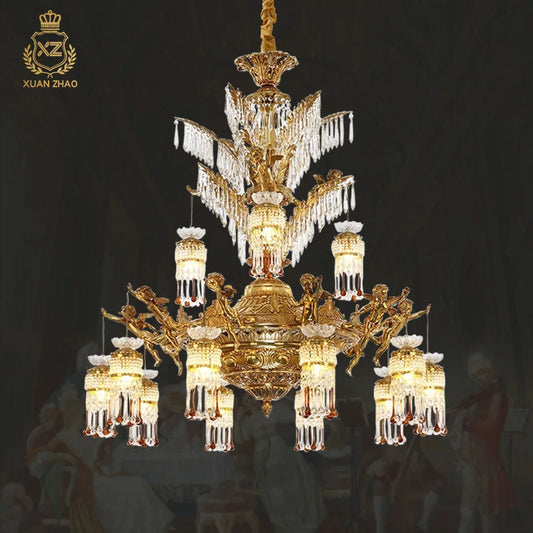 European Luxury Living Room Brass Crystal Chandelier French Baroque Retro Angel Pendant Light Villa Duplex Hall Luminaire