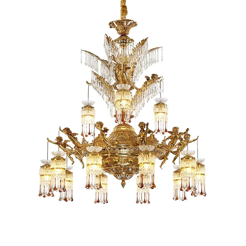 European Luxury Living Room Brass Crystal Chandelier French Baroque Retro Angel Pendant Light Villa Duplex Hall Luminaire