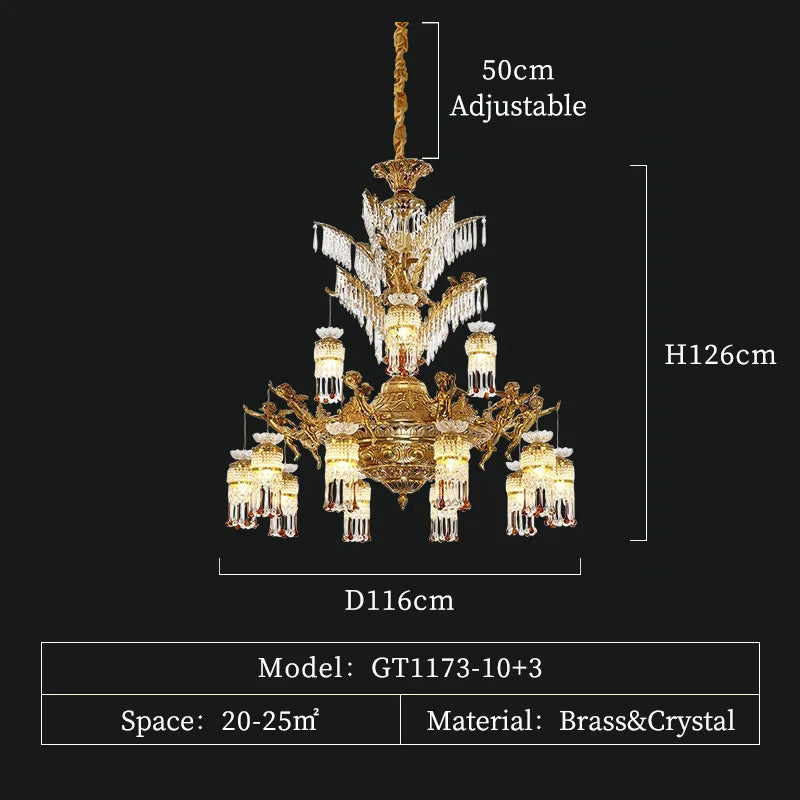 European Luxury Living Room Brass Crystal Chandelier French Baroque Retro Angel Pendant Light Villa Duplex Hall Luminaire