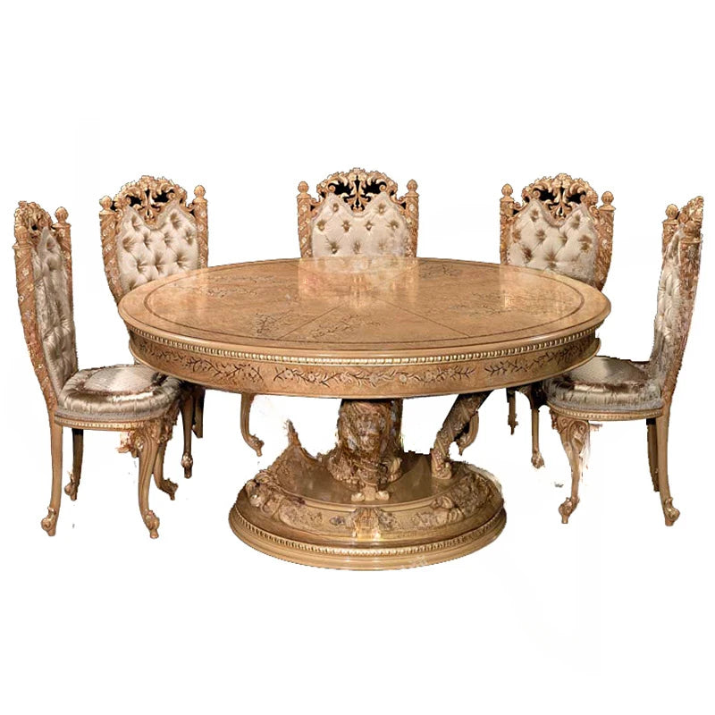 European Luxury Solid Wood Carved Dining Table Art Puzzle French Round Table with Rotary Table Palace Restaurant Furniture