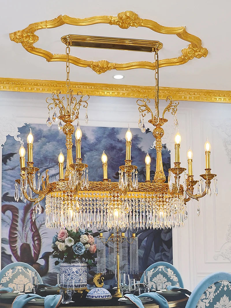 European Restaurant Crystal Chandelier French Brass Long Hanging Lamp Modern Villa Luxury Personality Creative Pendant Lights