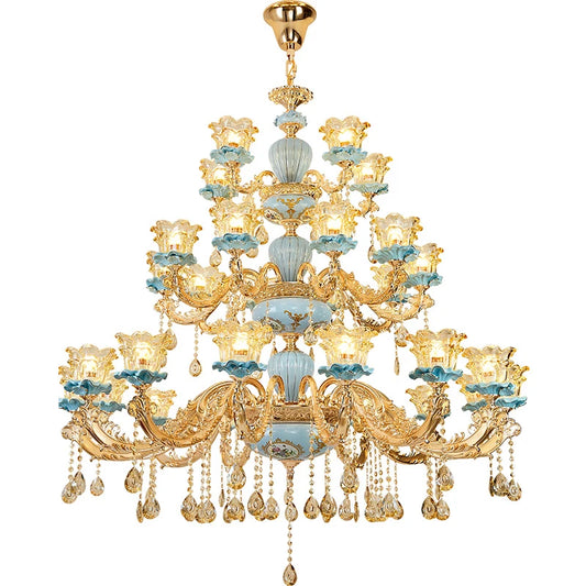 European Style Retro Luxury Ceramic Chandelier Living Room Crystal Lamp Dining Room Light Bedroom French Villa Glass Chandeliers
