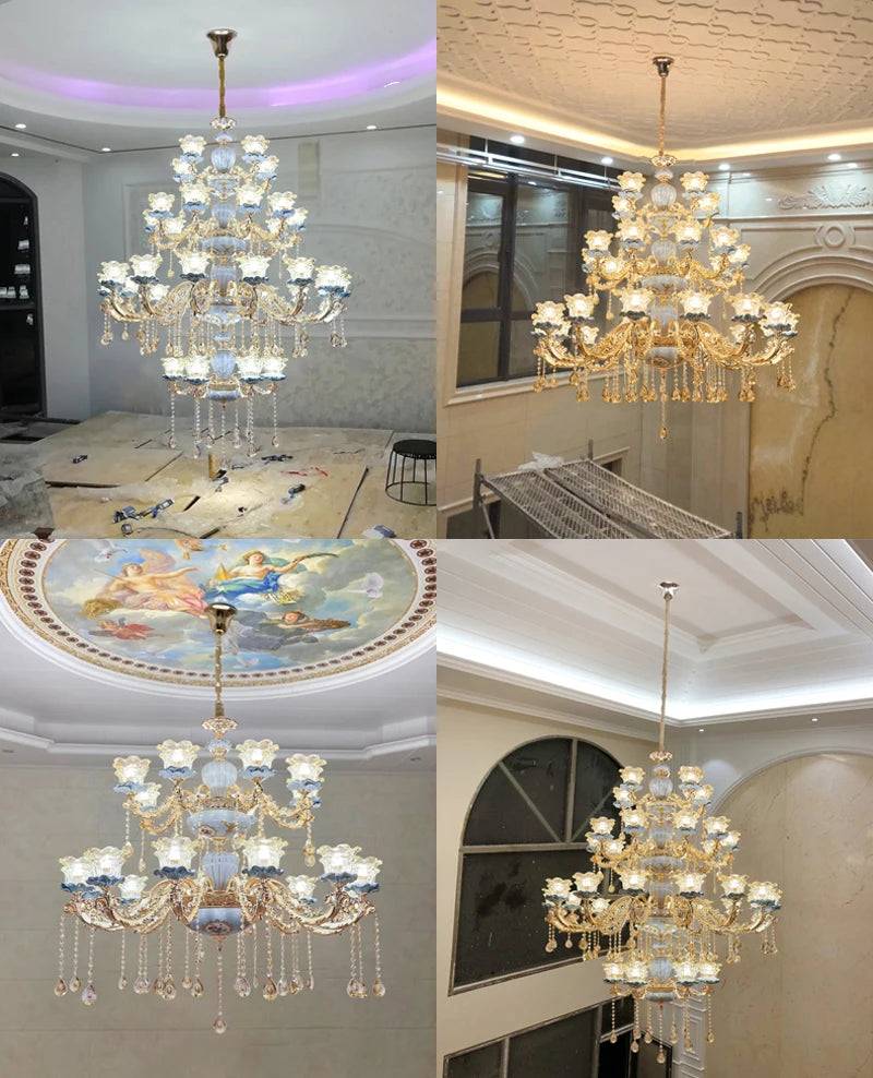 European Style Retro Luxury Ceramic Chandelier Living Room Crystal Lamp Dining Room Light Bedroom French Villa Glass Chandeliers