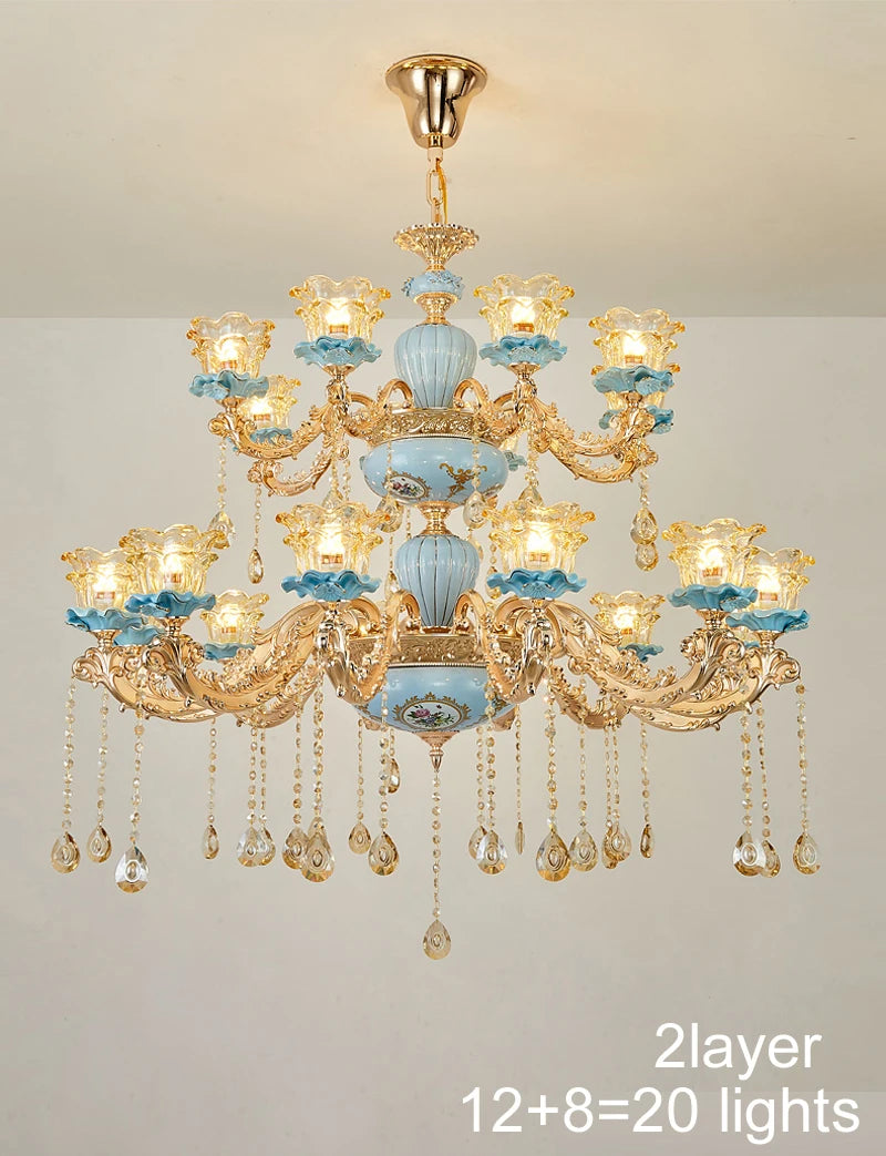 European Style Retro Luxury Ceramic Chandelier Living Room Crystal Lamp Dining Room Light Bedroom French Villa Glass Chandeliers