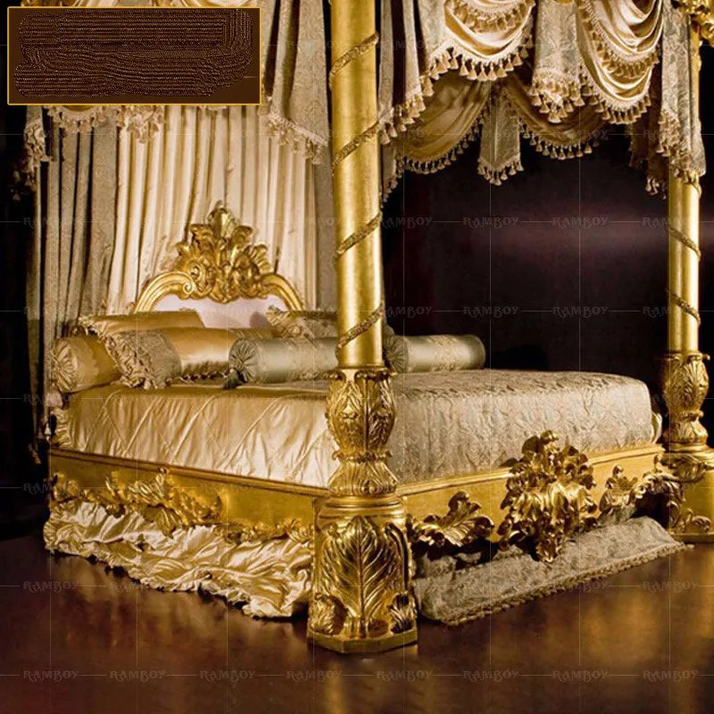 European court prince bed villa bedroom princess wedding bed Italy solid wood gold foil shelf curtain bed