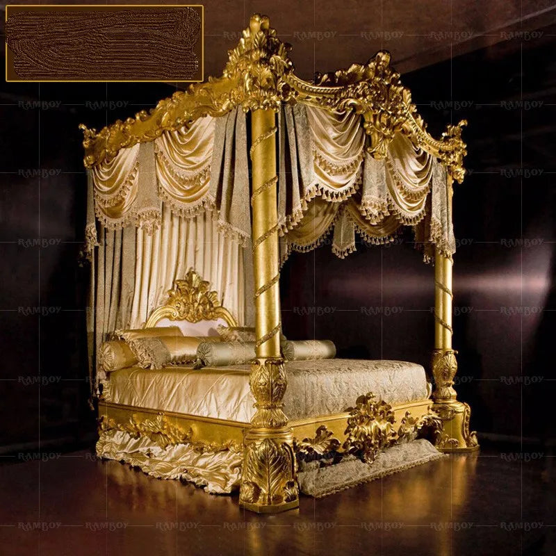 European court prince bed villa bedroom princess wedding bed Italy solid wood gold foil shelf curtain bed