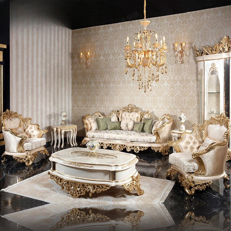 European fabric sofa combination large living room multi-person sofa French classical villa solid wood furniture gold