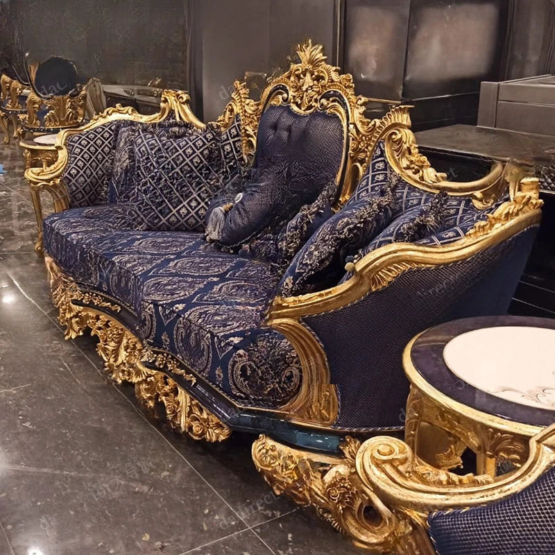 European fabric sofa combination large living room multi-person sofa French classical villa solid wood furniture gold