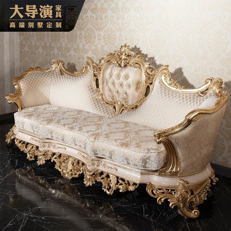 European fabric sofa combination large living room multi-person sofa French classical villa solid wood furniture gold