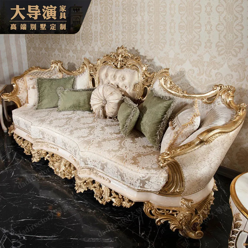 European fabric sofa combination large living room multi-person sofa French classical villa solid wood furniture gold