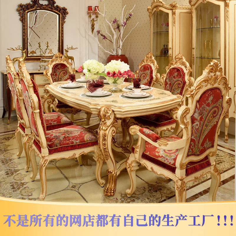 European luxury marble table and chair combination villa large solid wood carved rectangular restaurant table
