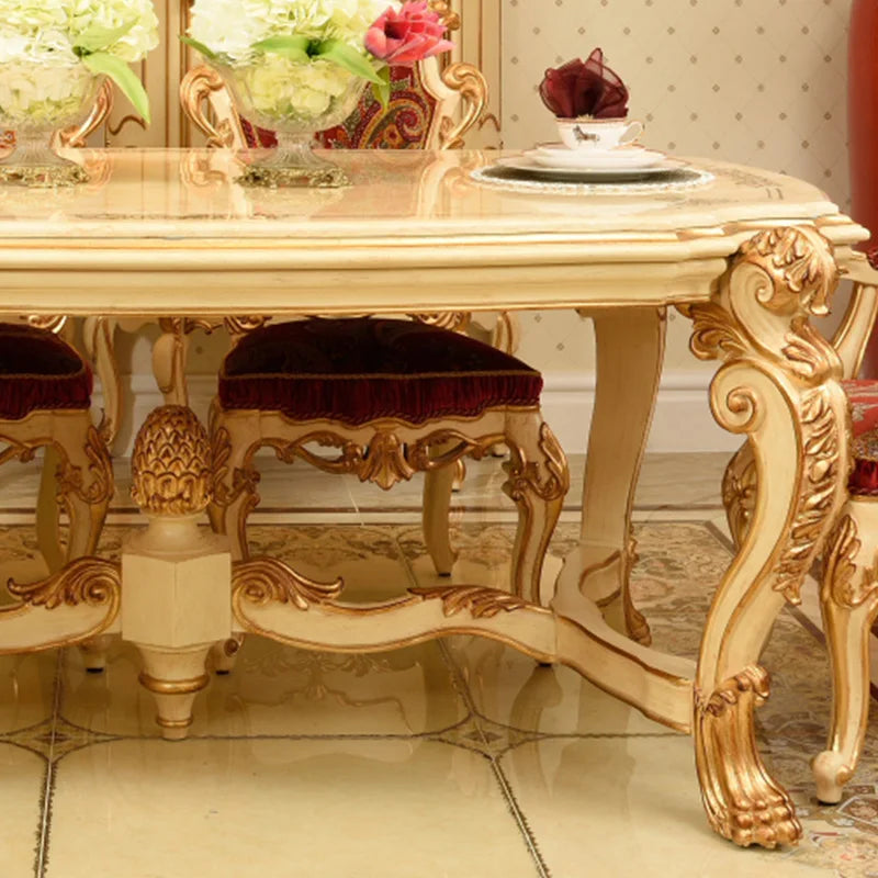 European luxury marble table and chair combination villa large solid wood carved rectangular restaurant table