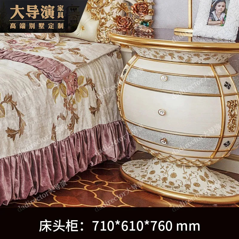 European luxury solid wood rose carved double bed French palace leather wedding bed villa master bedroom princess bed