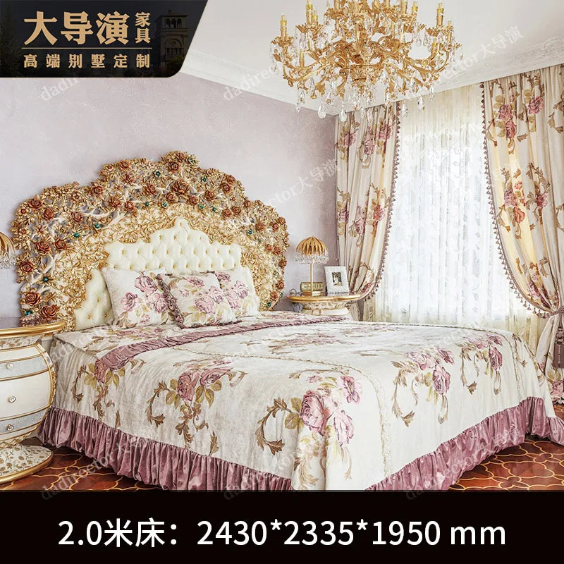 European luxury solid wood rose carved double bed French palace leather wedding bed villa master bedroom princess bed