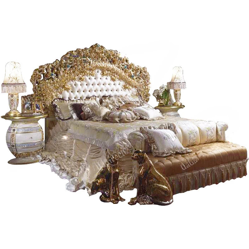 European luxury solid wood rose carved double bed French palace leather wedding bed villa master bedroom princess bed