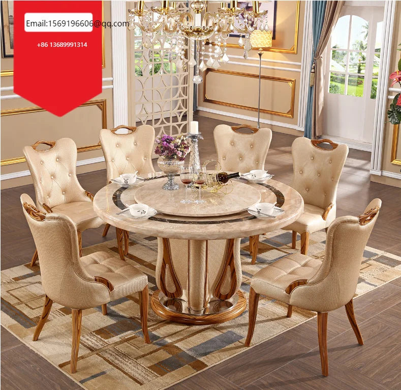 European marble round table European light yellow villa table and chair combination household dining table restaurant luxury din