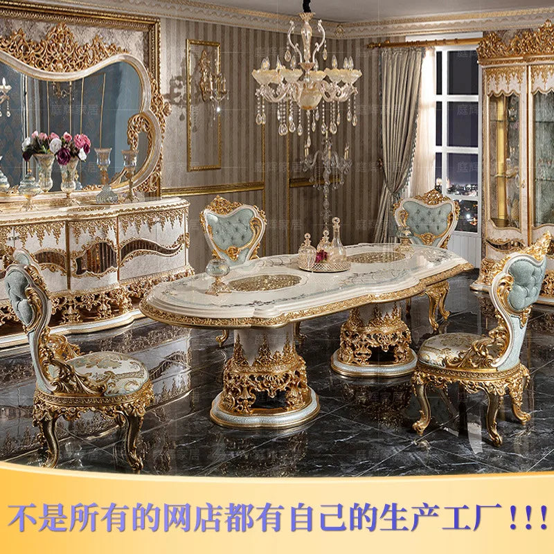 European solid wood gold foil oval table French style dining chair combination luxury villa furniture customization