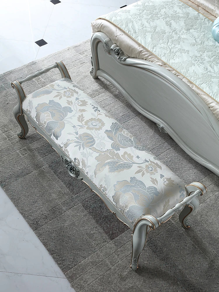 European style carved bed tail stool, mercerized fabric art bed bed bed, bedroom, solid wood shoe changing stool