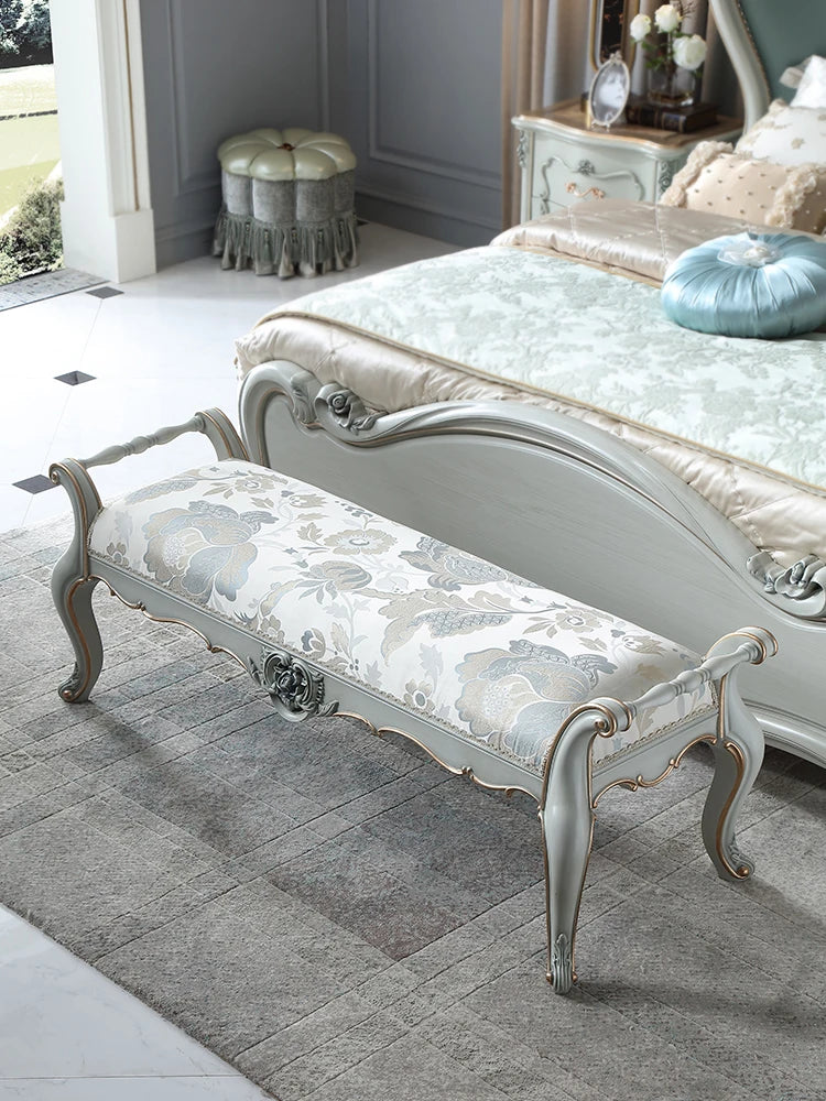 European style carved bed tail stool, mercerized fabric art bed bed bed, bedroom, solid wood shoe changing stool