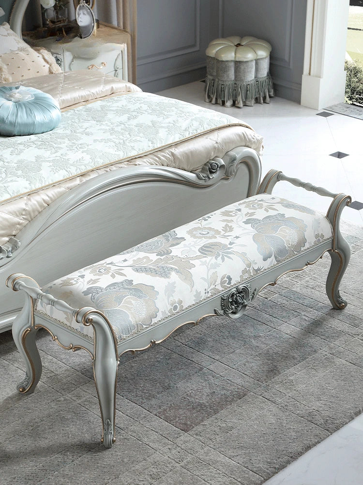 European style carved bed tail stool, mercerized fabric art bed bed bed, bedroom, solid wood shoe changing stool