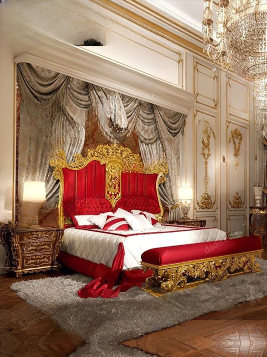 European-style gold foil carved double bed villa bedroom solid wood big bed French luxury fabric 2 m wedding bed