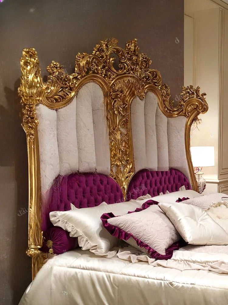 European-style gold foil carved double bed villa bedroom solid wood big bed French luxury fabric 2 m wedding bed