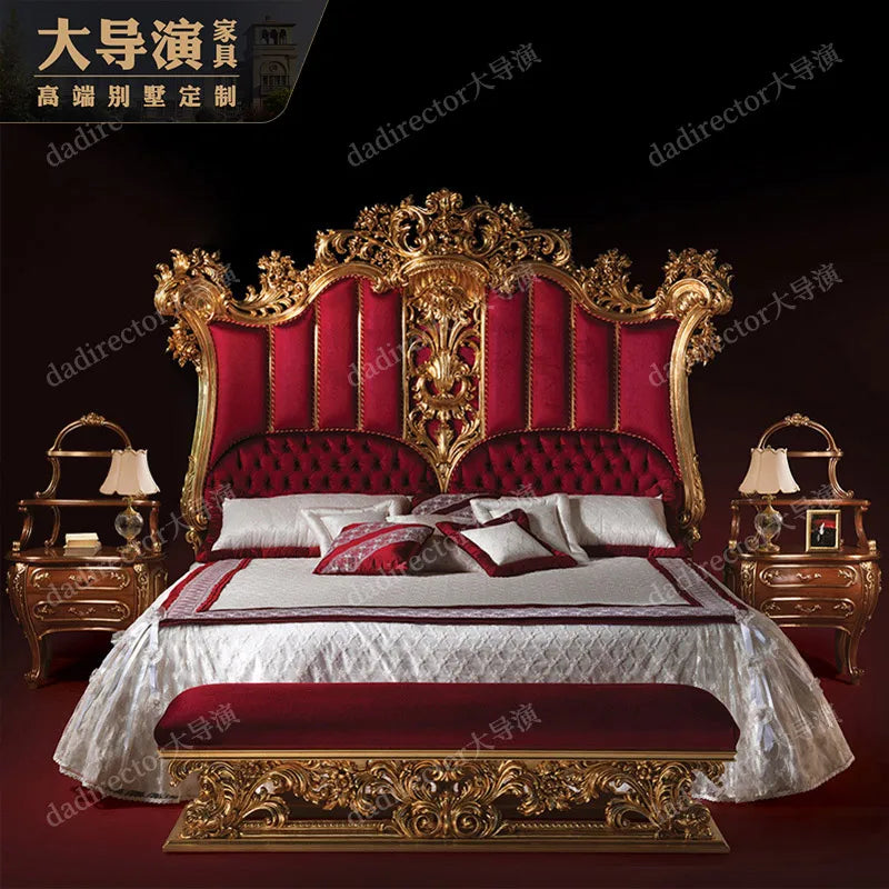 European-style gold foil carved double bed villa bedroom solid wood big bed French luxury fabric 2 m wedding bed