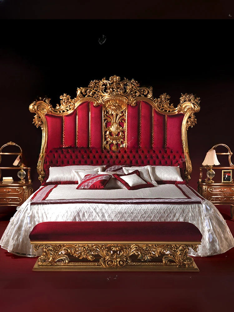 European-style gold foil carved double bed villa bedroom solid wood big bed French luxury fabric 2 m wedding bed