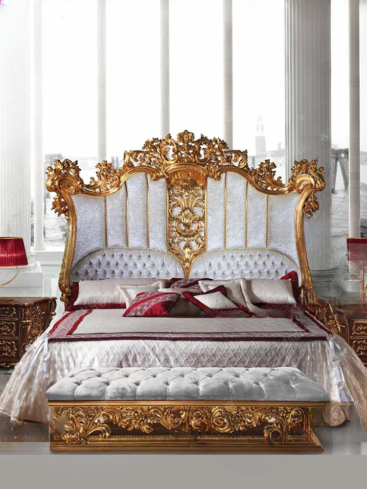 European-style gold foil carved double bed villa bedroom solid wood big bed French luxury fabric 2 m wedding bed