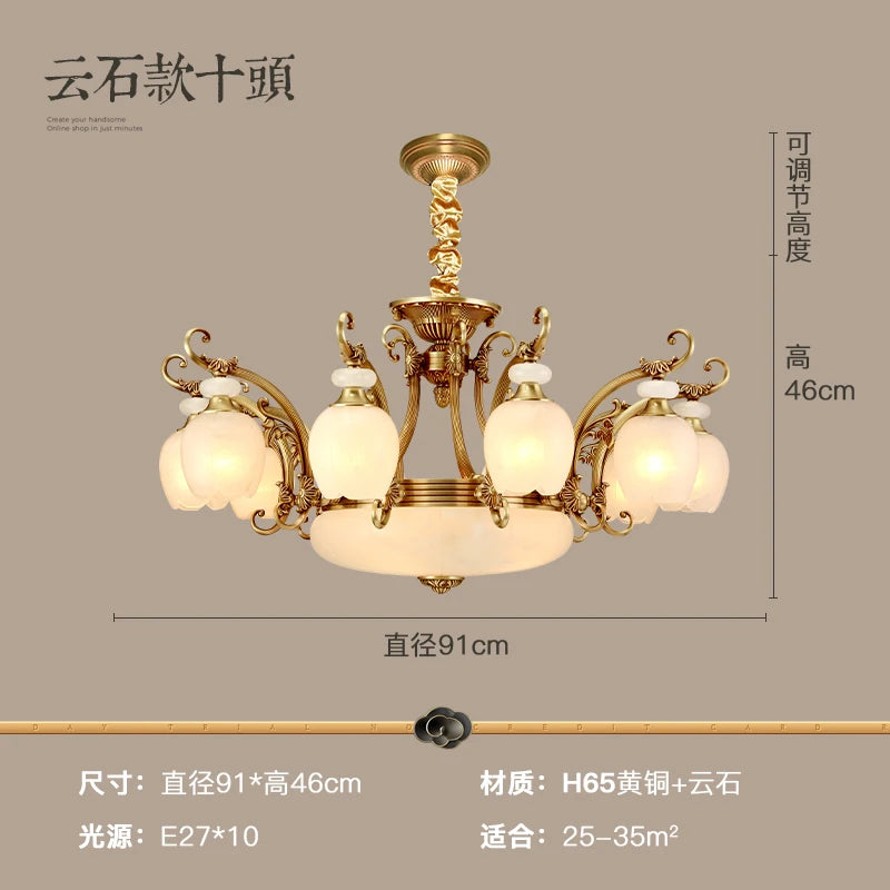 European style marble lamp chandelier all copper chandelier living room bedroom lighting lamp villa lamp