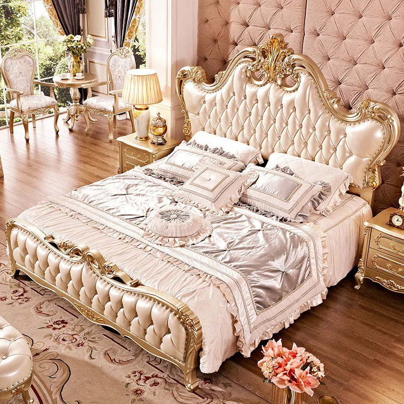 European style solid wood bed 1.8m double bed marriage bed storage high box soft back 1.5M big bed master bedroom