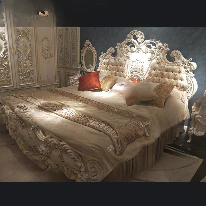 European style solid wood carved double bed, French luxury palace bed, painted fabric bed,wedding bed, princess bed