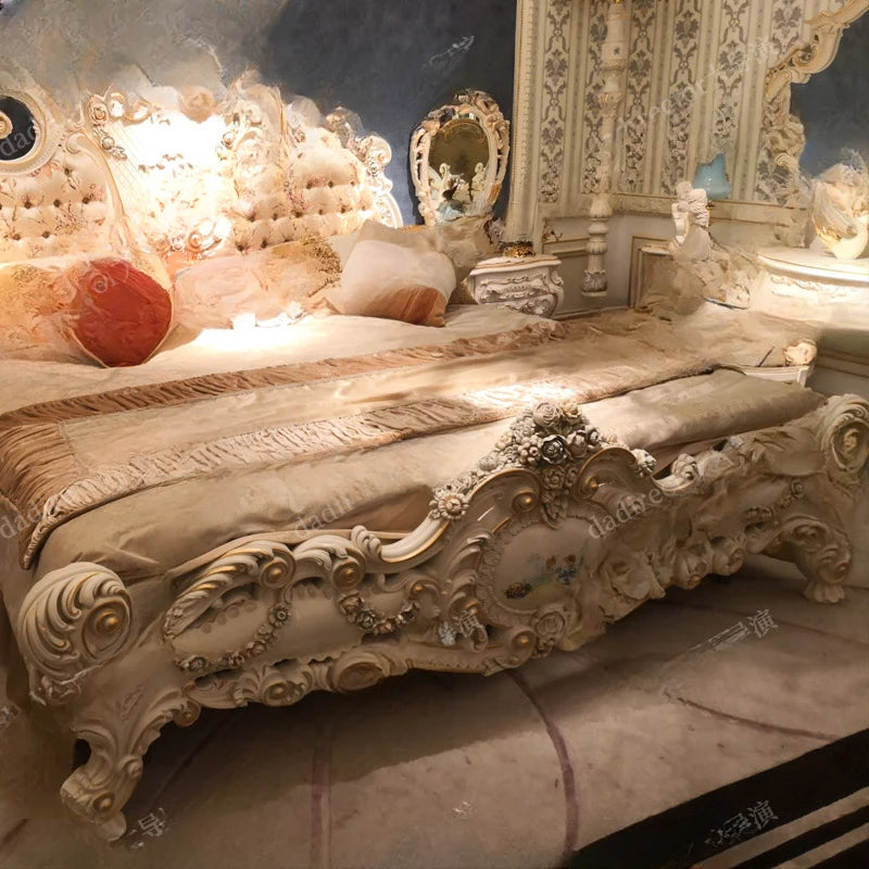 European style solid wood carved double bed, French luxury palace bed, painted fabric bed,wedding bed, princess bed