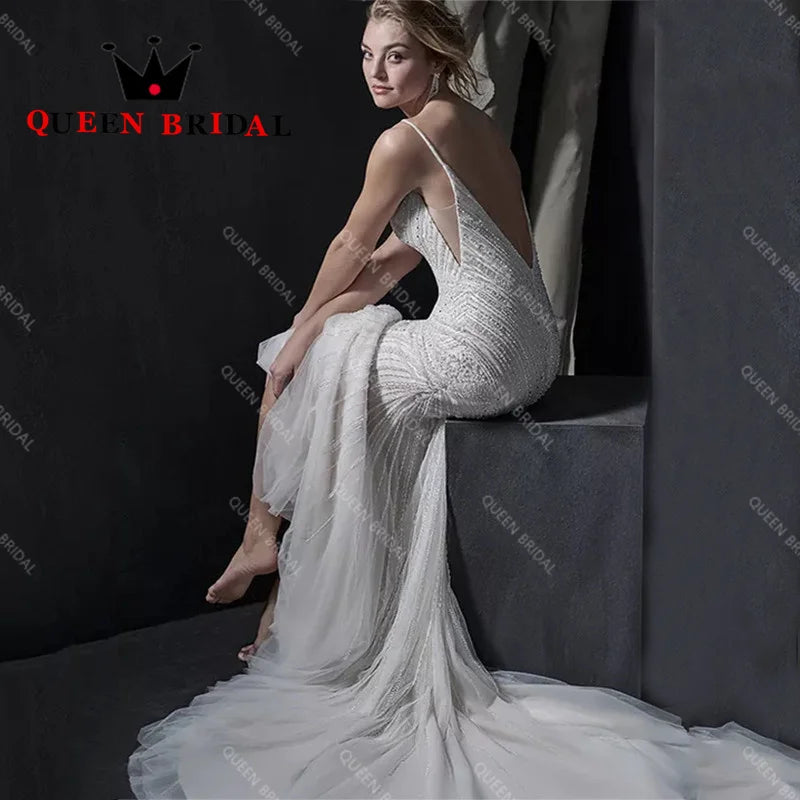 Exquisite Beading Sequined Lace Mermaid Wedding Dresses 2023 Backless Spaghetti Straps Bridal Gown vestidos de novia Custom L98W