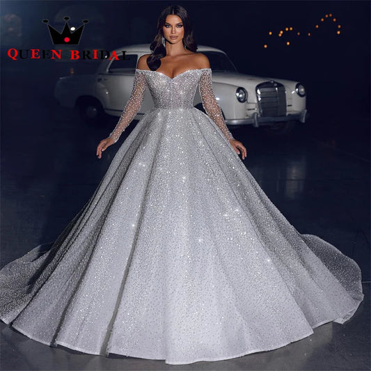 Exquisite Sequined Beading Wedding Dress Glisten V Neck Long Sleeve Off Shoulder Bridal Ball Gown Vestidos De Novia Custom Y70X