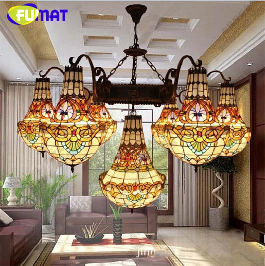 FUMAT Tiffany stained glass tulip pattern Baroque European chandelier Hotel Living room Bedroom light Restaurant Villa LED decor