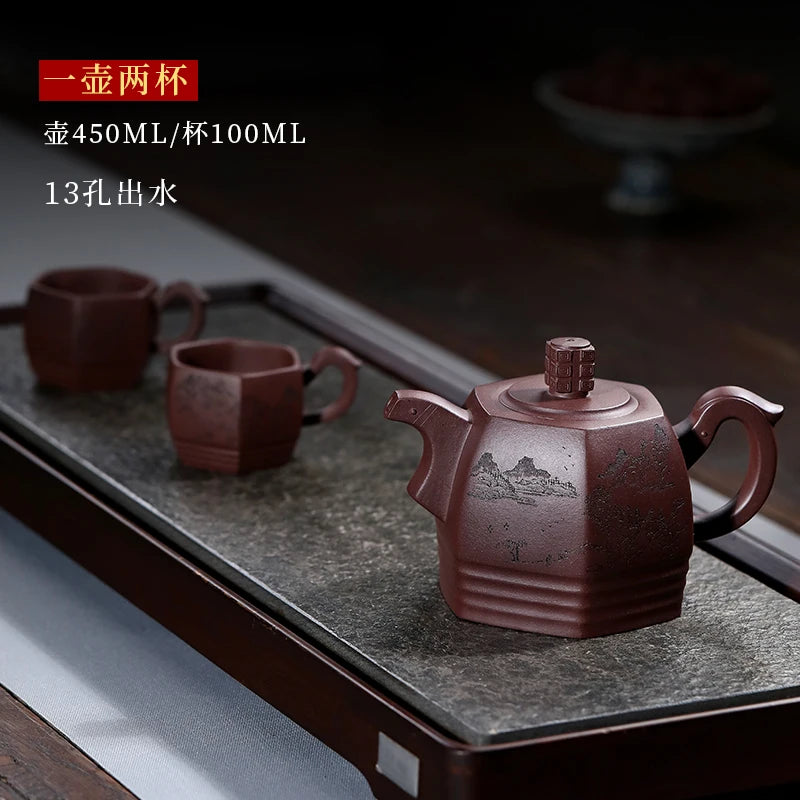 |Famous craftsman Zisha teapot six square teapot landscape kungfu tea set one pot four cups home tea new product