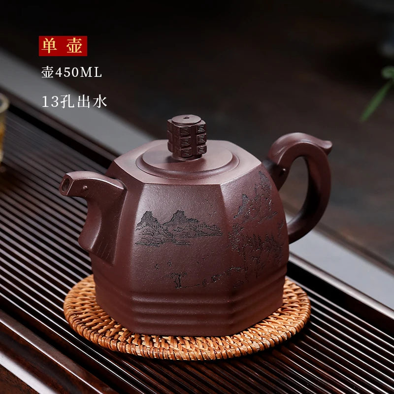 |Famous craftsman Zisha teapot six square teapot landscape kungfu tea set one pot four cups home tea new product