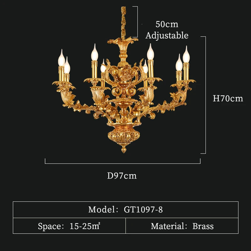 French Fancy Carved Brass Chandelier Luxury Villa Dining Room Bedroom Lamp European Copper Candle Pendant Lights