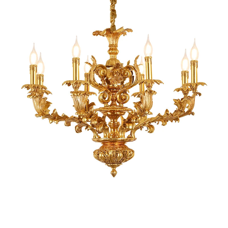 French Fancy Carved Brass Chandelier Luxury Villa Dining Room Bedroom Lamp European Copper Candle Pendant Lights
