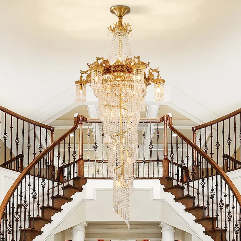 French Luxury Brass Stairwell Pendant Lighting Villa Duplex Building Long Staircase Chandelier European Crystal Stairs Light