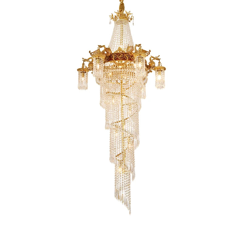 French Luxury Brass Stairwell Pendant Lighting Villa Duplex Building Long Staircase Chandelier European Crystal Stairs Light