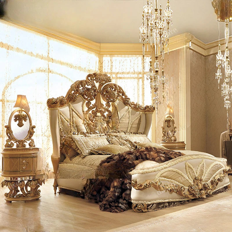 French Luxury Fabric Double Bed 2-meter Villa Court European Solid Wood Carved Wedding Bed Furniture Customization