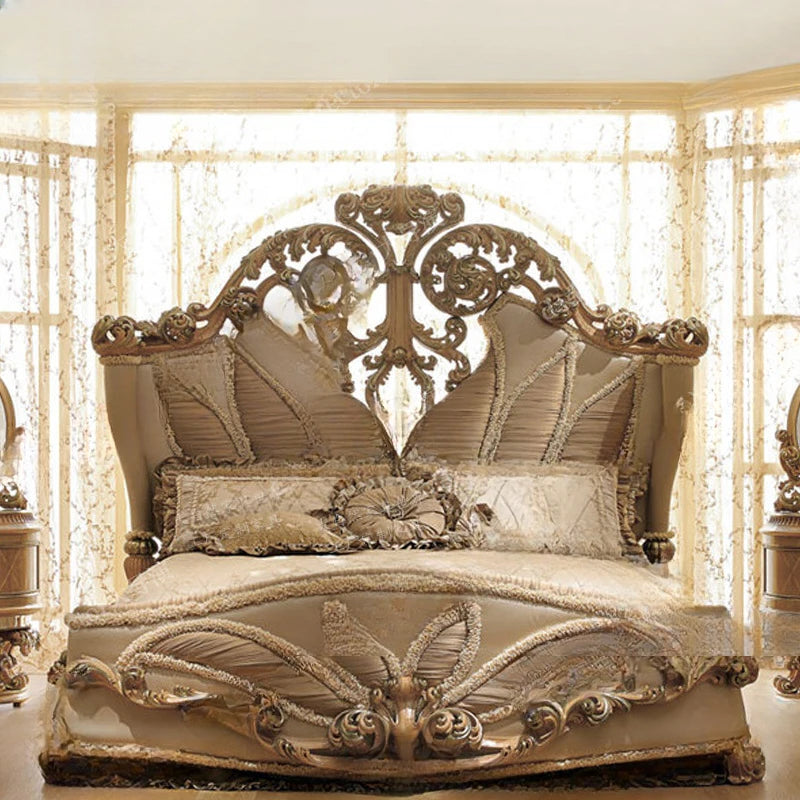 French Luxury Fabric Double Bed 2-meter Villa Court European Solid Wood Carved Wedding Bed Furniture Customization